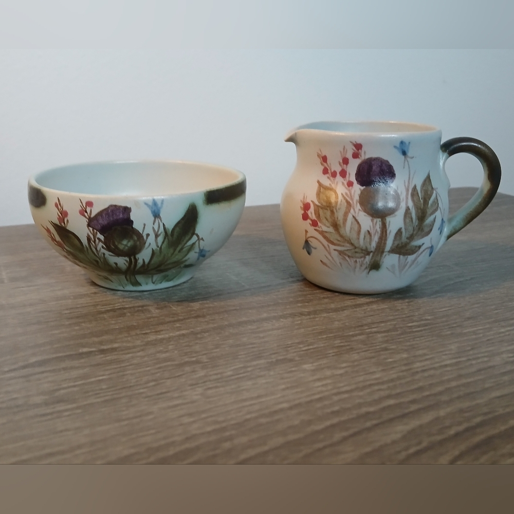 Vintage Buchan Stoneware Pottery Scotland Thistle Creamer & Sugar Bowl Set